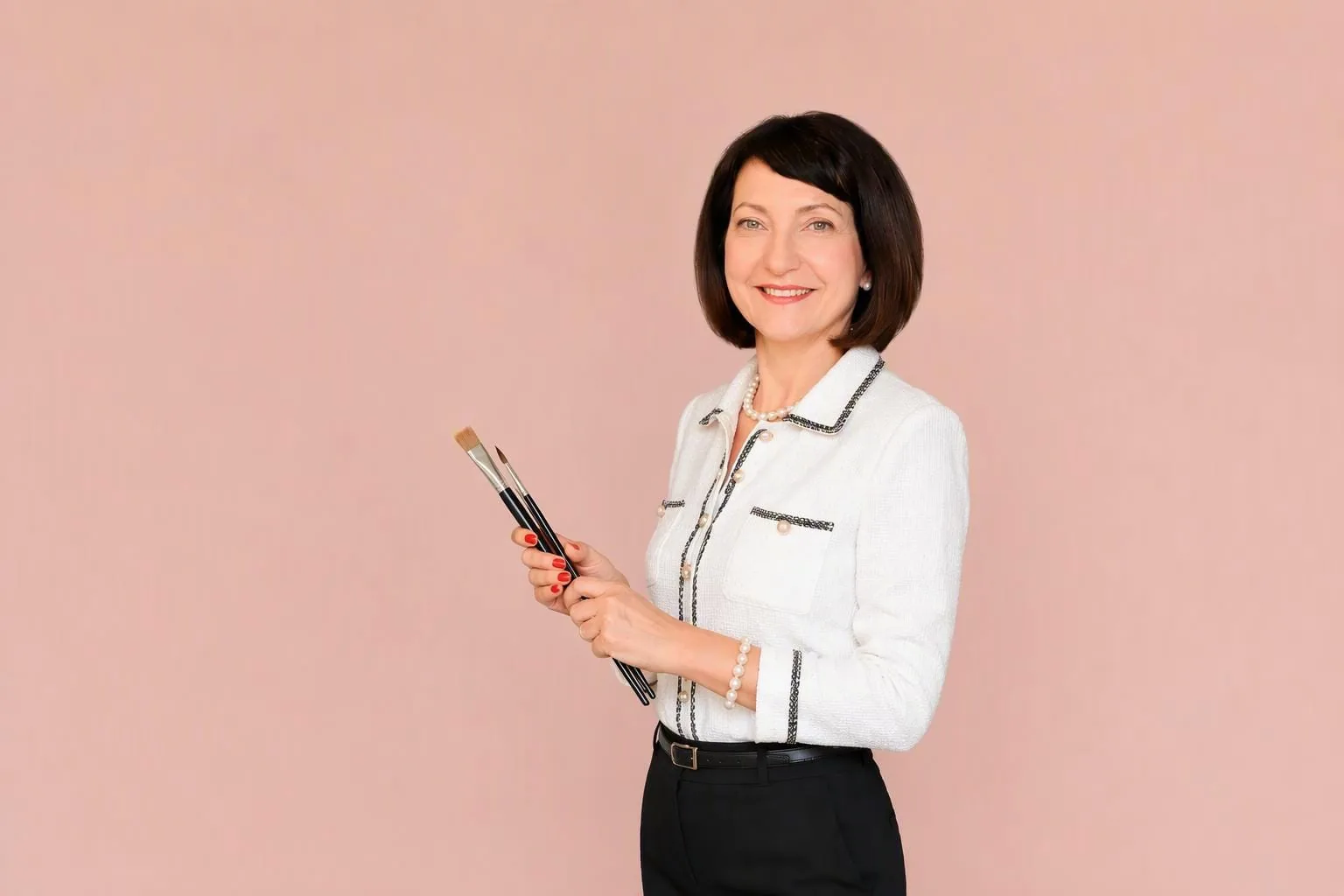 Lucia Faralli con giacca bianca e pennelli su sfondo rosa
